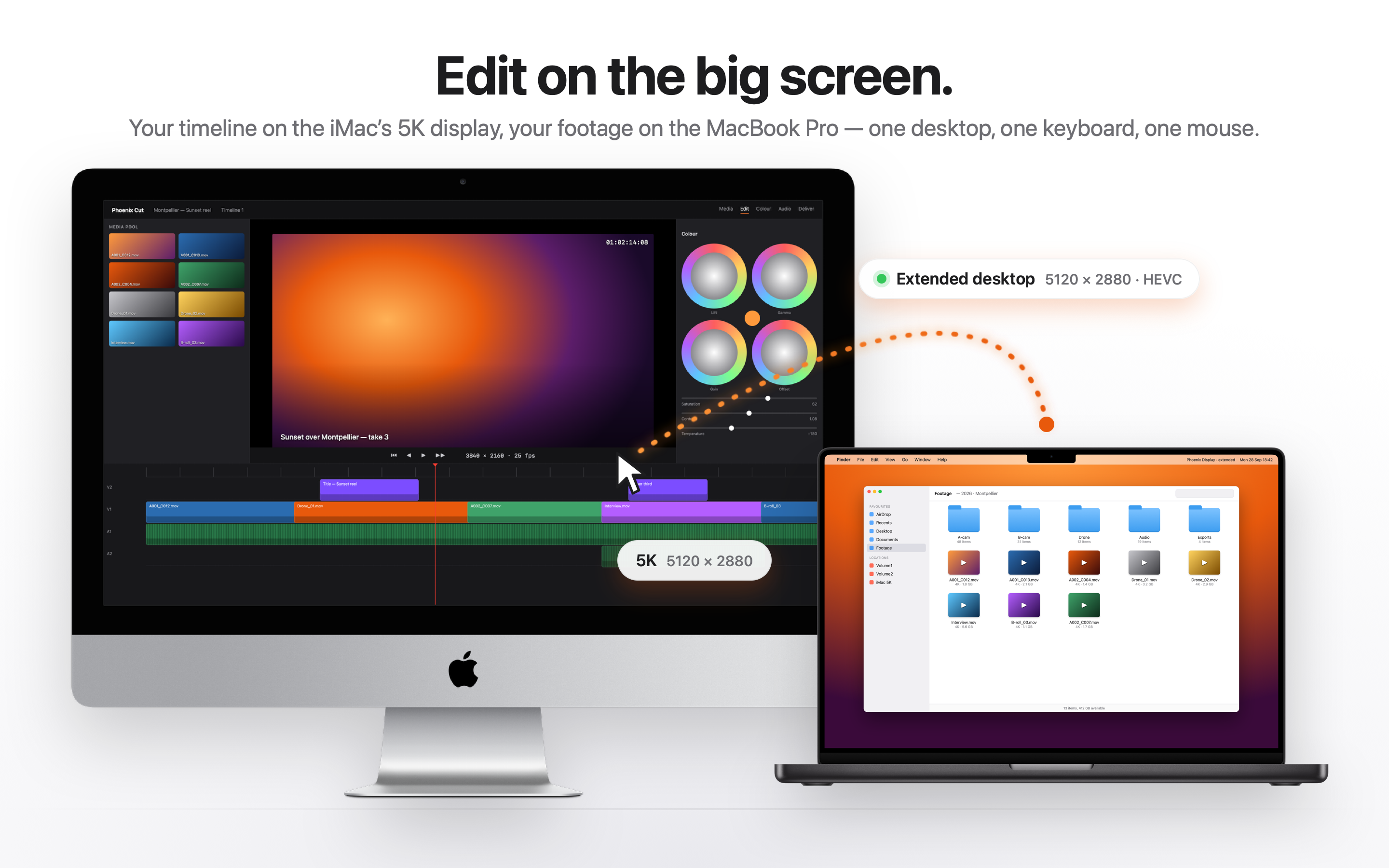 Extended desktop: video editor on the iMac, footage on the MacBook Pro