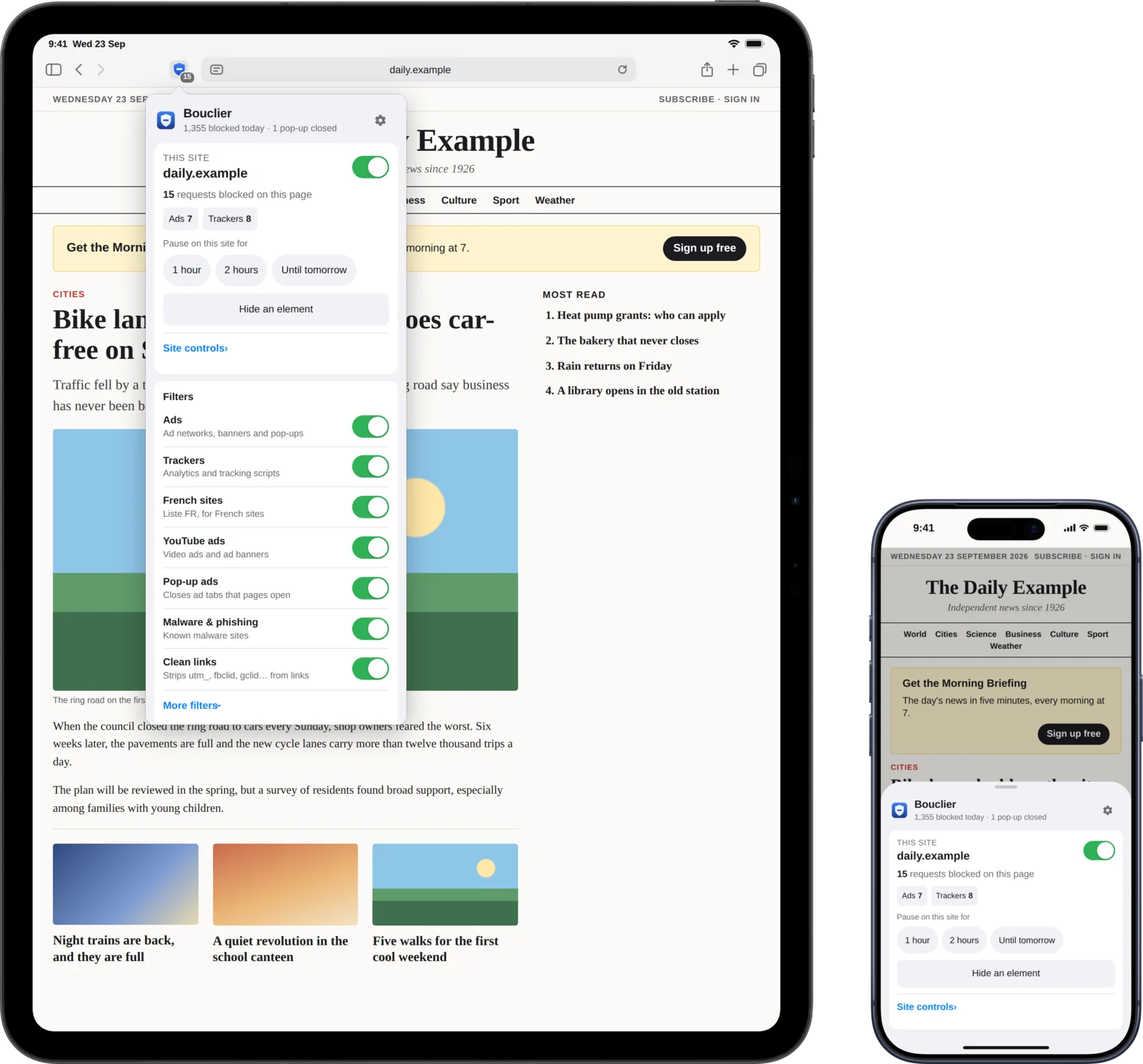 Bouclier on an iPad Pro, as a menu under its toolbar button, and on an iPhone 17 Pro, as a sheet: 15 requests blocked on this page, Pause on this site for 1 hour, 2 hours or until tomorrow, and Hide an element.