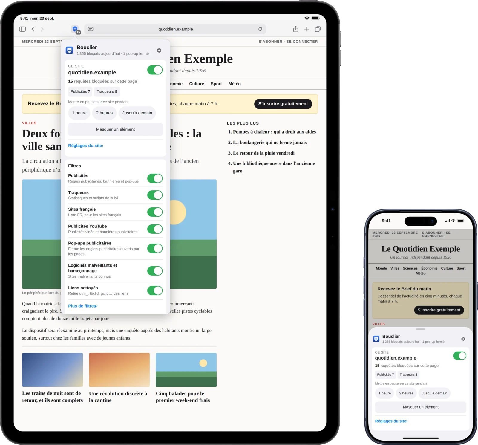 Bouclier sur un iPad Pro, en menu sous son bouton, et sur un iPhone 17 Pro, en feuille : 15 requêtes bloquées sur cette page, Mettre en pause sur ce site pendant 1 heure, 2 heures ou jusqu’à demain, et Masquer un élément.